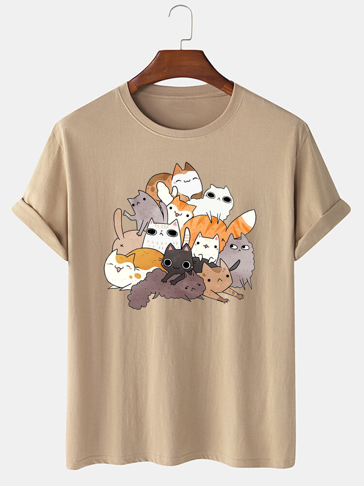 T-shirt a maniche corte da uomo con stampa di gatti simpatici cartoni animati Collo invernali