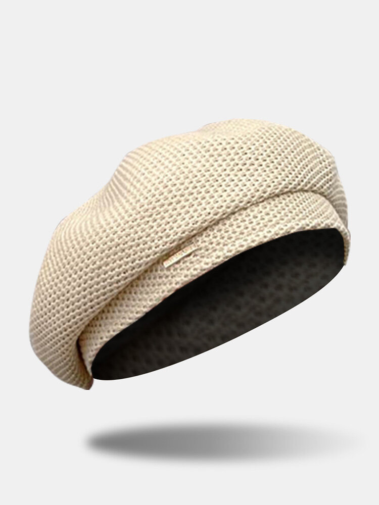 Women Cotton Knitted Solid Color Metal Label Breathable Sunshade All-match Beret от Newchic WW
