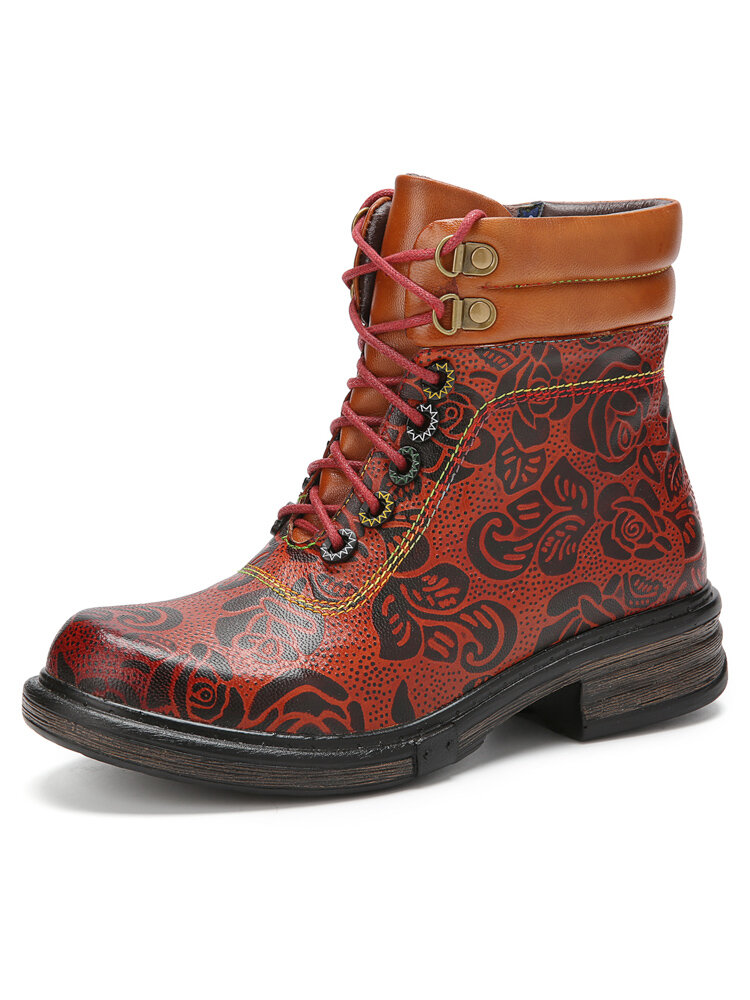 Socofy Casual Retro Floral Genuine Leather Side-zip Comfy Low Heel Short Combat Boots