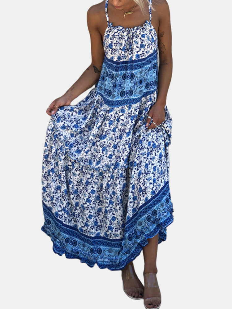 Bohemian Ethnic Floral Print Straps Maxi Dress For Women