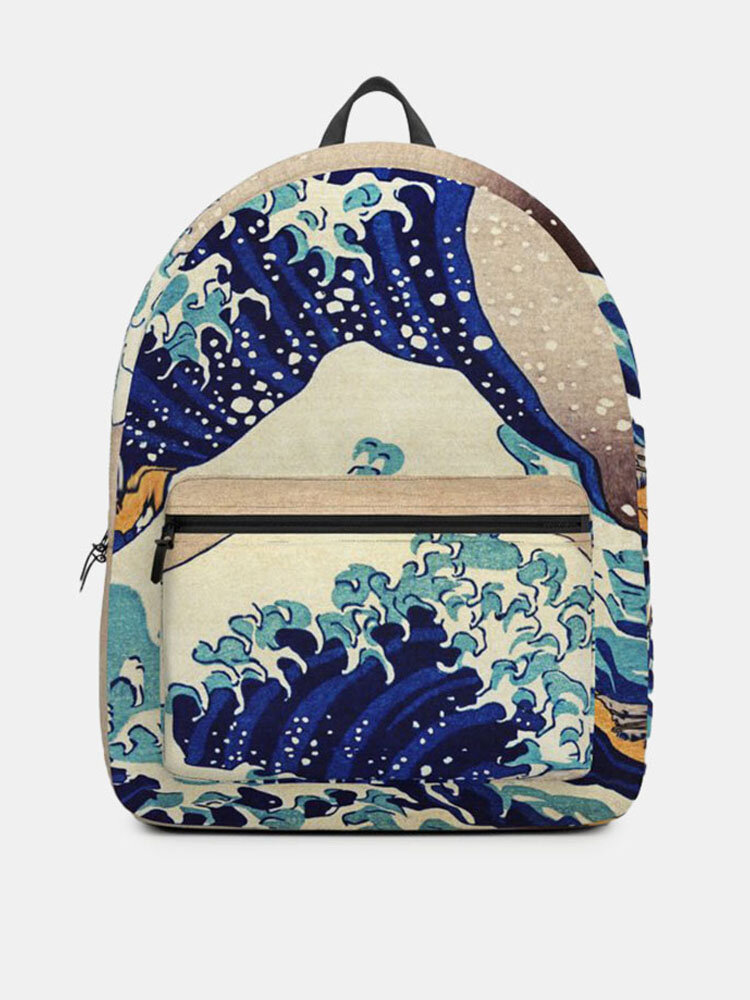 Men Women Sea Wave Prints Large Capacity Backpack