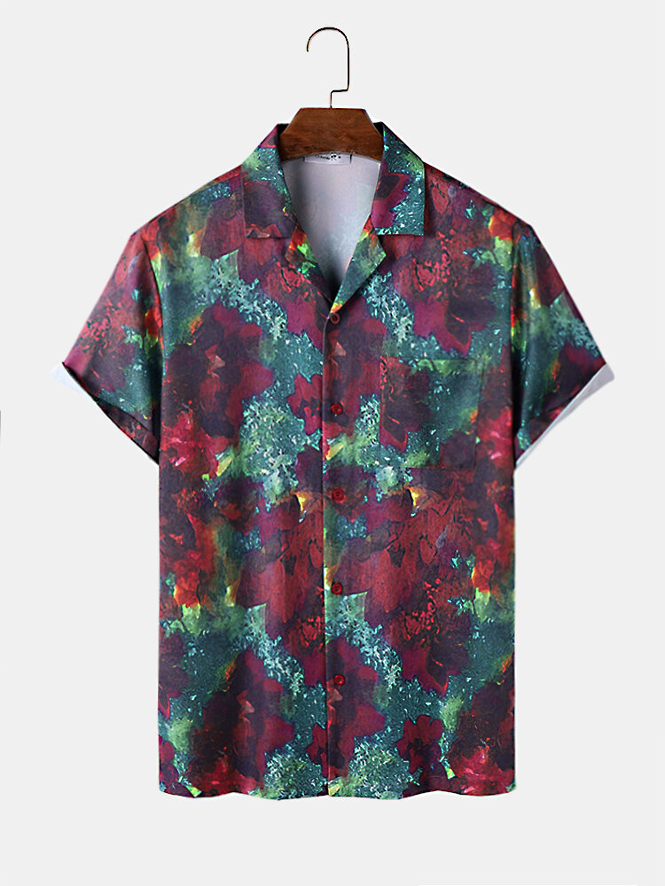 Mens Ombre Floral Print Revere Collar Short Sleeve Shirts
