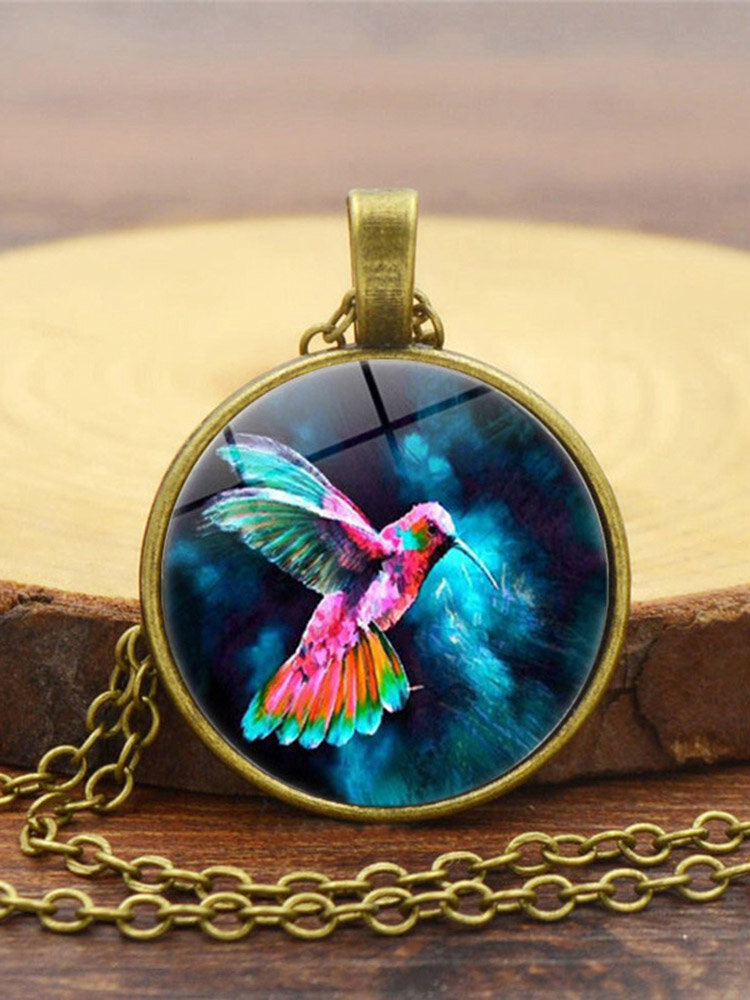 Vintage Printed Colored Hummingbird Women Necklace Alloy Glass Pendant Sweater Chain