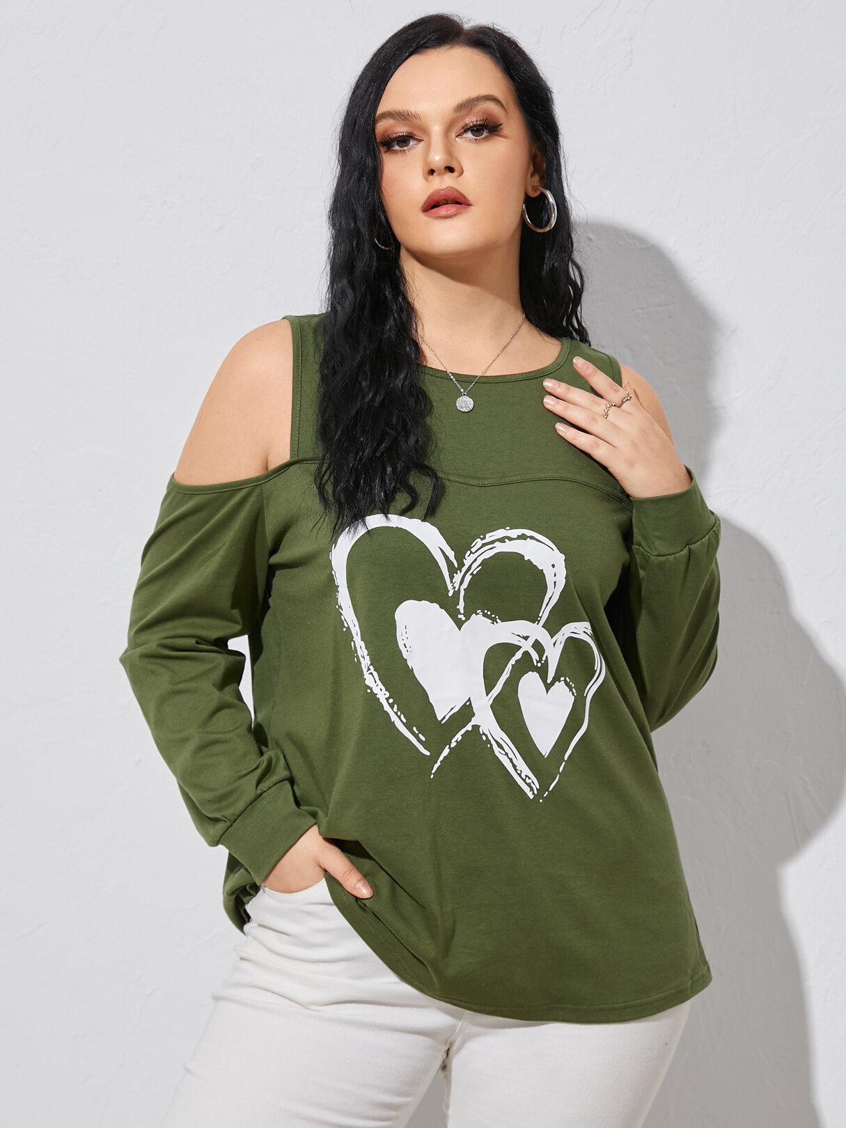 Plus Size Cold Shoulder Graphic Heart Long Sleeves Tee
