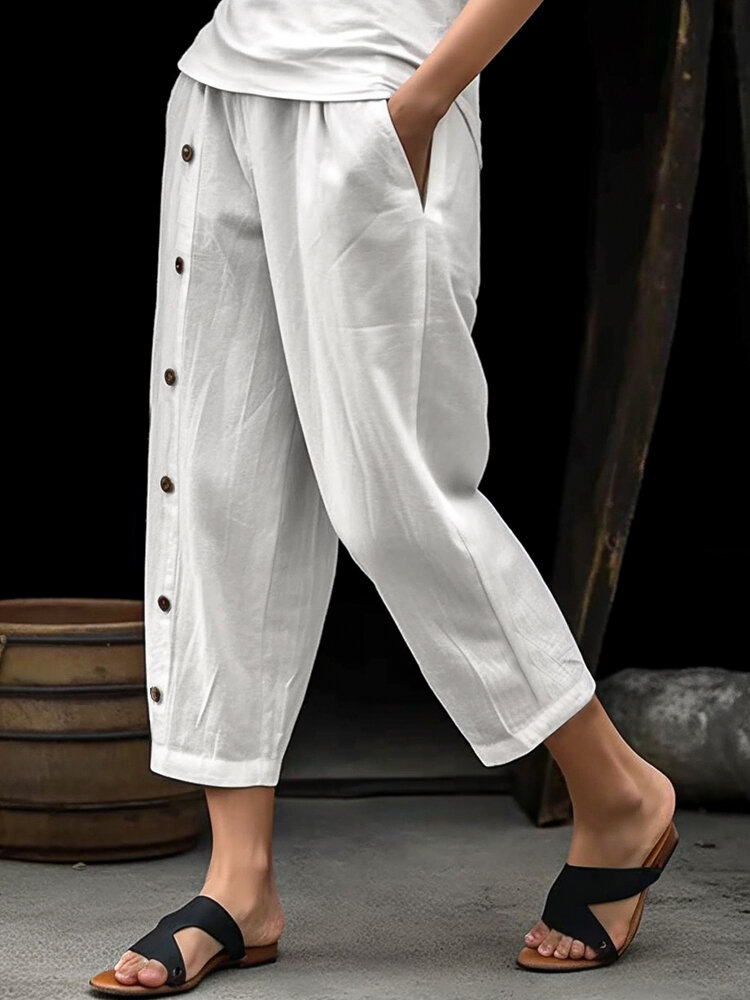 Women Solid Button Design Cotton Casual Cropped Pants