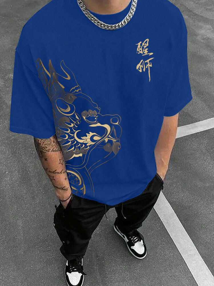 Camisetas masculinas de manga curta com estampa lateral do leão chinês e gola redonda de inverno