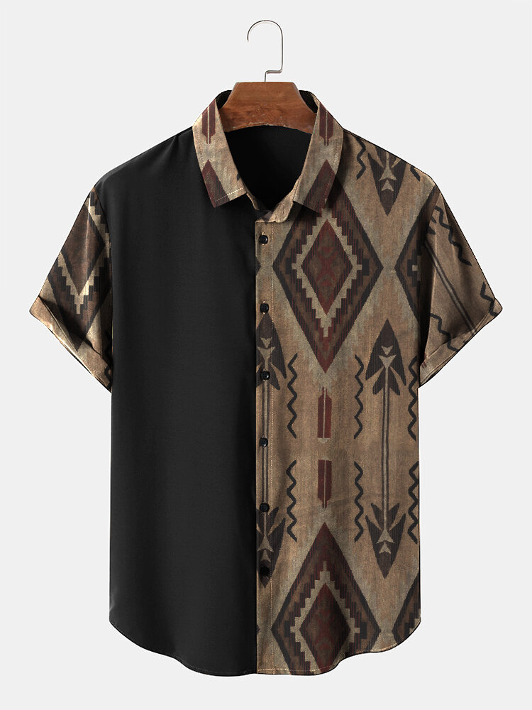 Mens Ethnic Geometric Pattern Patchwork Lapel Short Sleeve Shirts