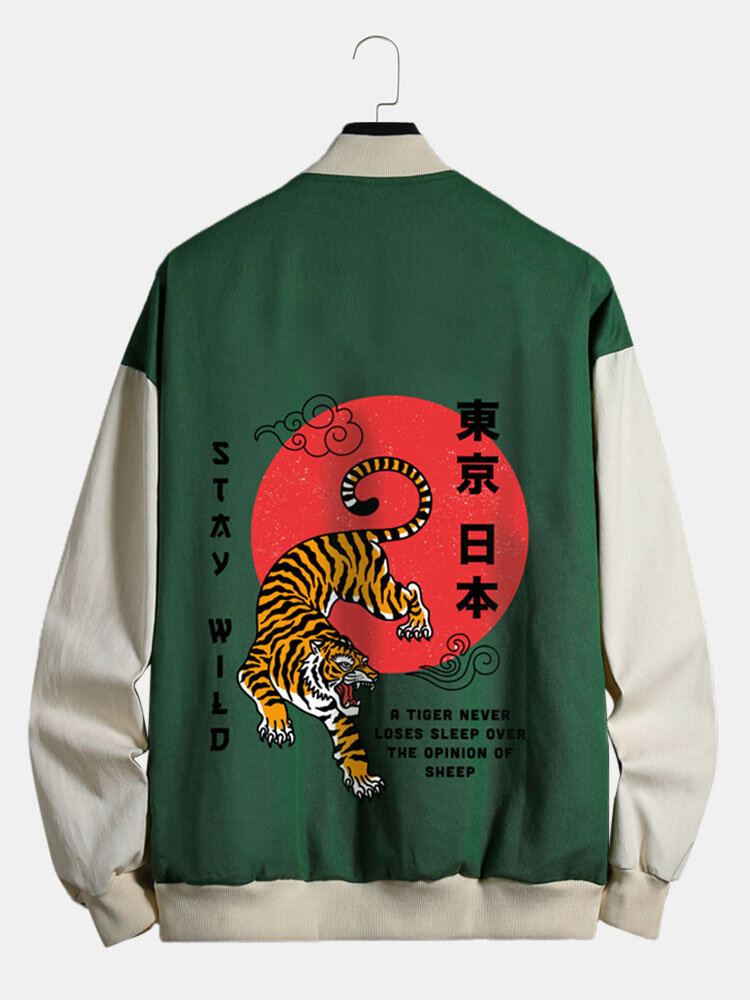 Mens Japanese Style Tiger Print Baseball Collar 100% Cotton Street Jackets