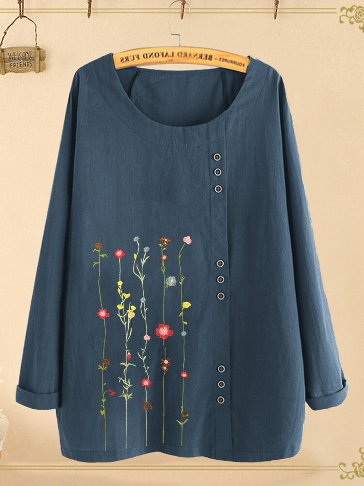 Floral Embroidery Button O-neck Long Sleeve Blouse