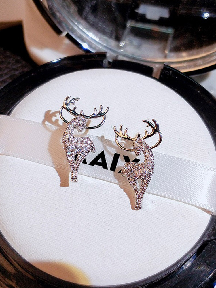 

Christmas Trendy Cartoon Elk Shape Inlaid Rhinestones Alloy S925 Studs Earrings, Gold;silver