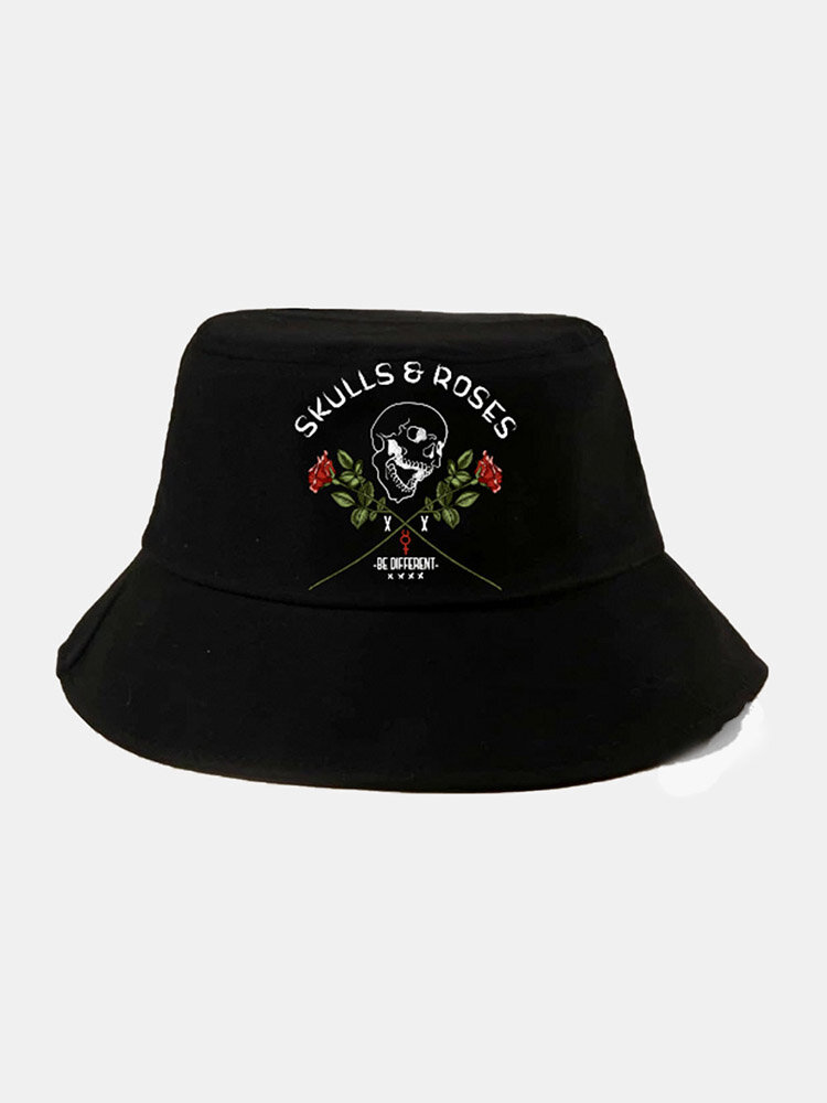 Unisex Cotton Letters Skull Rose Print Fashion Sun Protection Bucket Hat