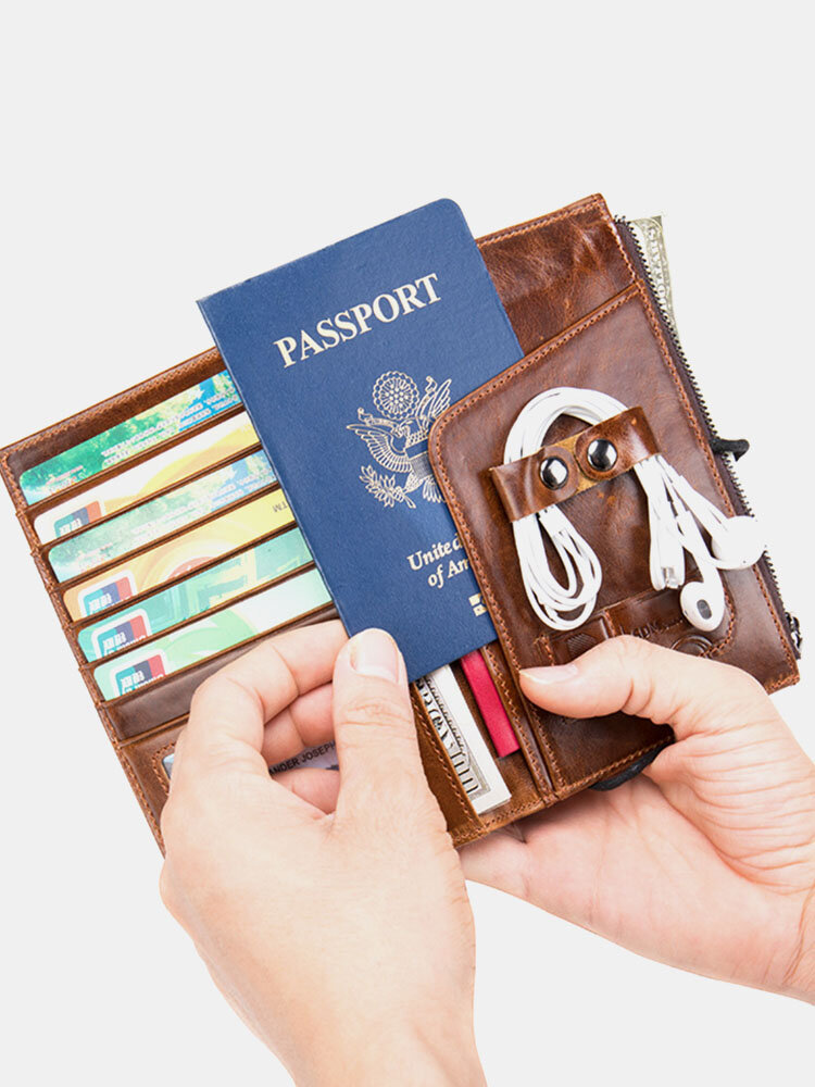 

Men Genuine Leather RFID Retro Business Earphone Storage Bag Passport Card Holder Wallet, Coffee