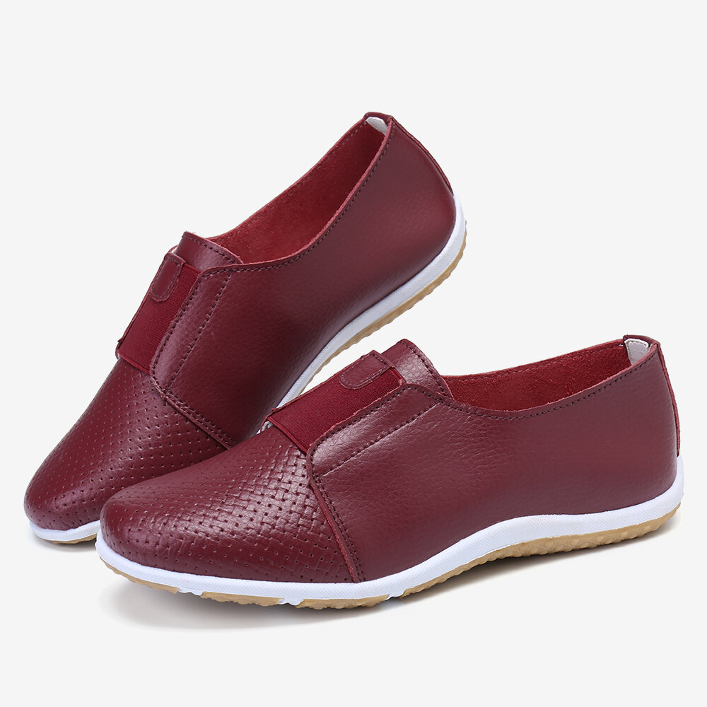 Women Leather Hollow Holes Elastic Solid Color Slip On Casual Shoes