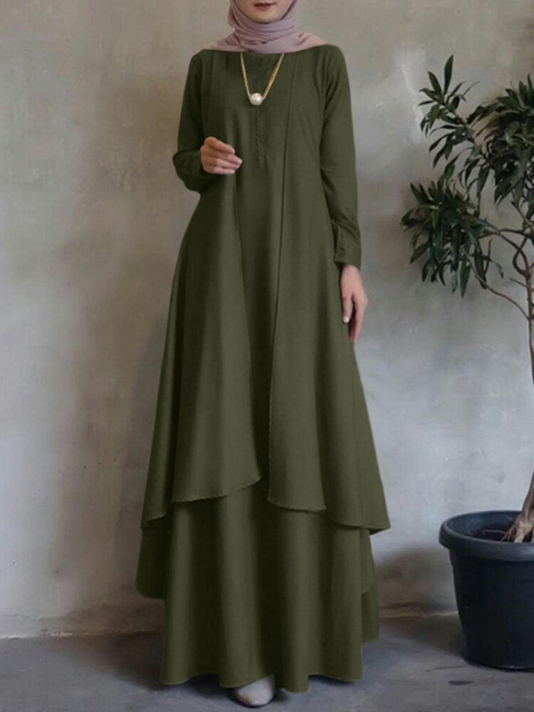 Women Solid Layered Design Muslim Long Sleeve Maxi Dress