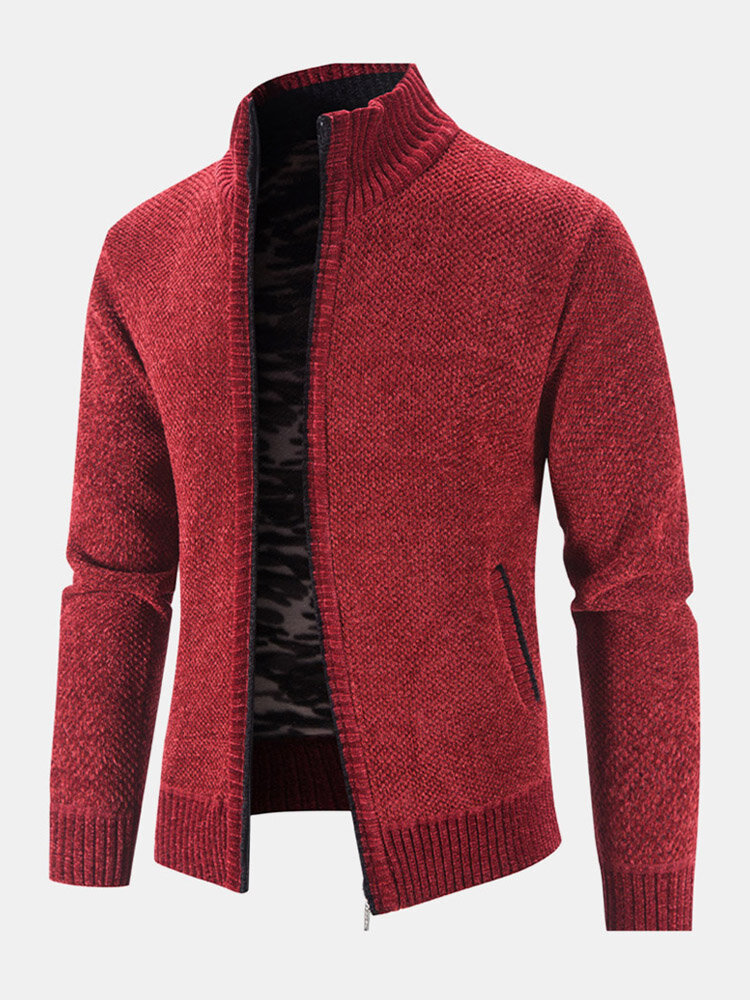 Mens Plain Chenille Knit Stand Collar Zipper Warm Cardigans With Pocket