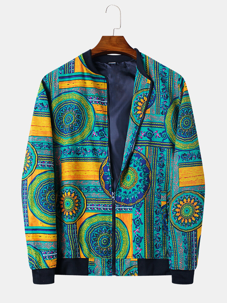 Mens Ethnic Style Vintage Printing Coat Long Sleeve Stand Collar Jackets