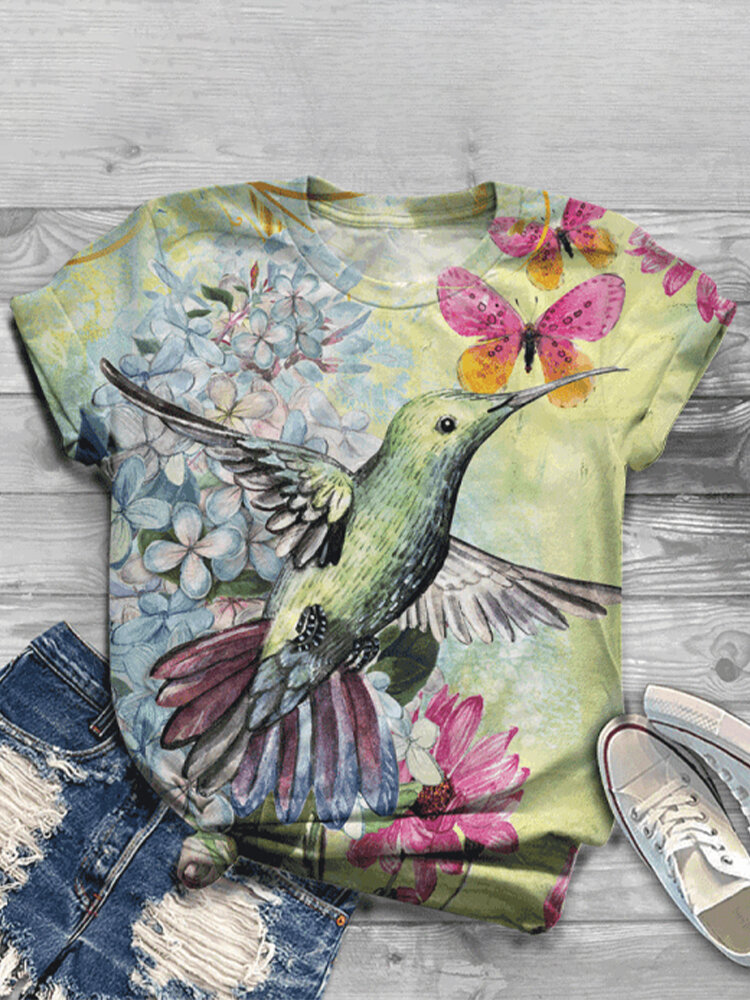 Bird Floral Print O-neck Short Sleeve Casual T-Shirt For Women
