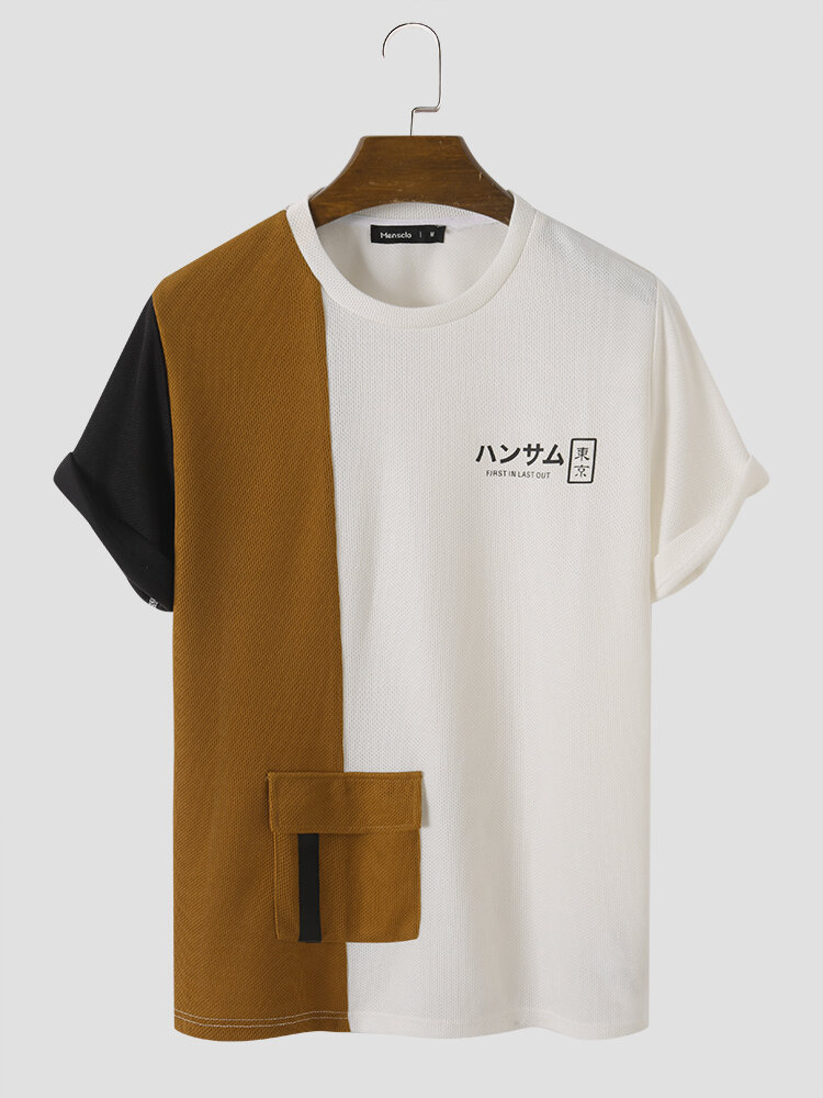 Mens Japanese Print Contrast Patchwork Flap Pocket Knit Short Sleeve T-Shirts