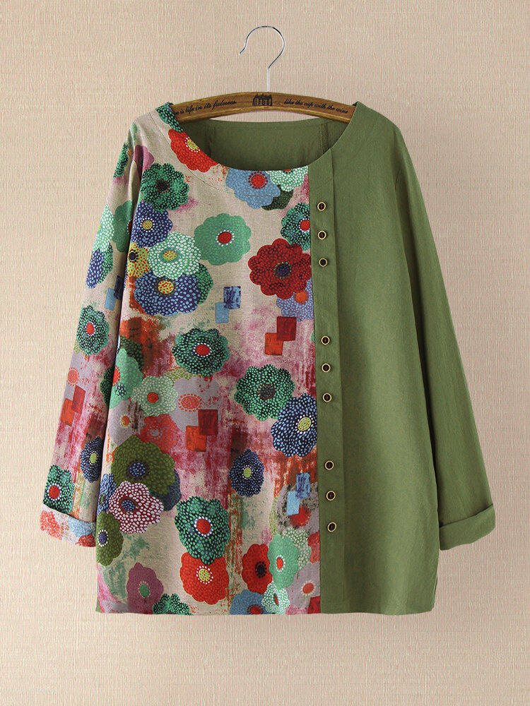 Vintage Printed Long Sleeve O-neck Patchwork Blouse For Women