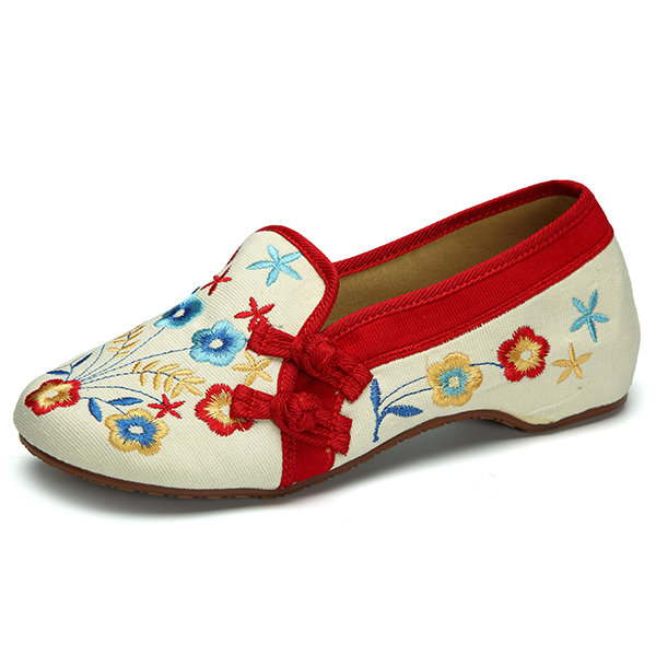 Floral Embroidered Chinese Knot Slip On Canvas Flat Loafers