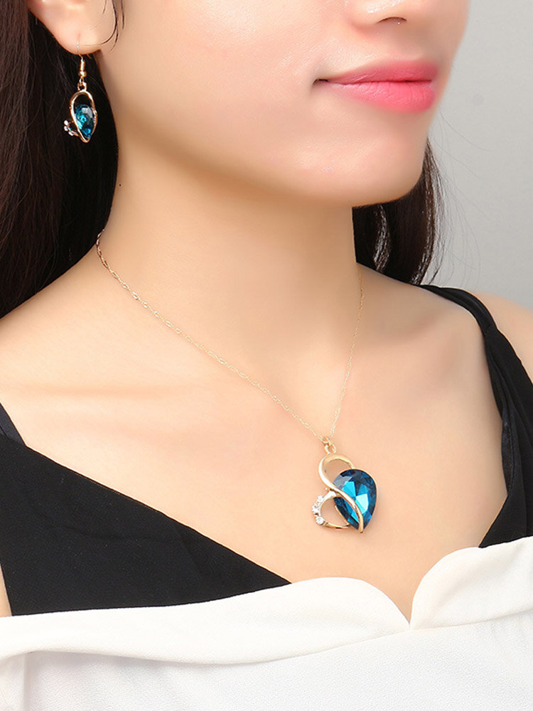 Heart Jewelry Set Alloy Rhinestone Crystal Earrings Necklace Set