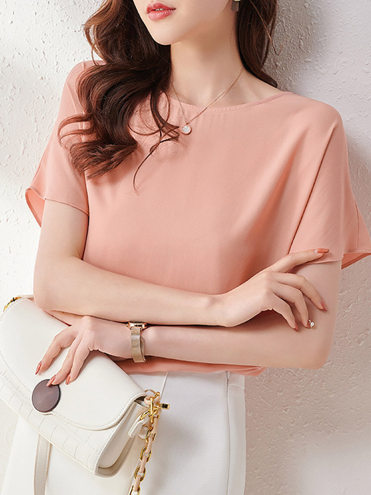 Solid Ruffle Sleeve Crew Neck Blouse For Women