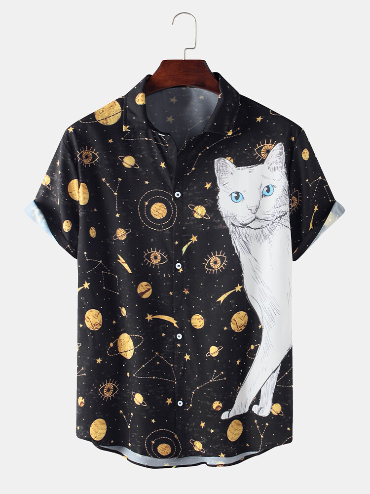 Men Fun Star & Cat Print Casual Shirt