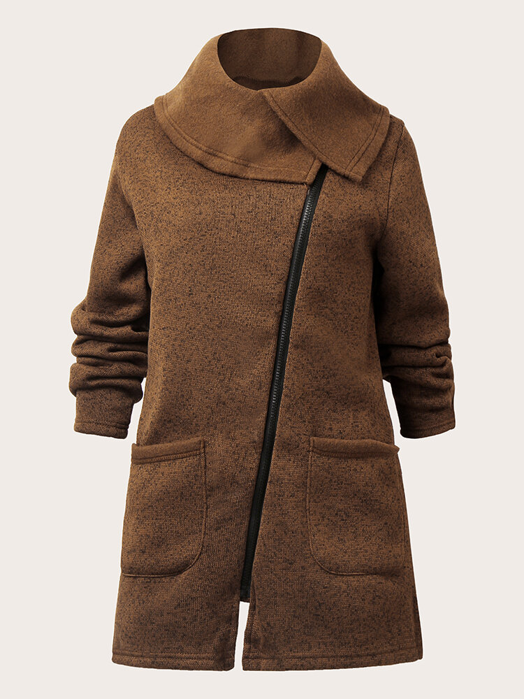 Plus Size Solid Color Slant Zip Front Pocket Long Sleeve Coat