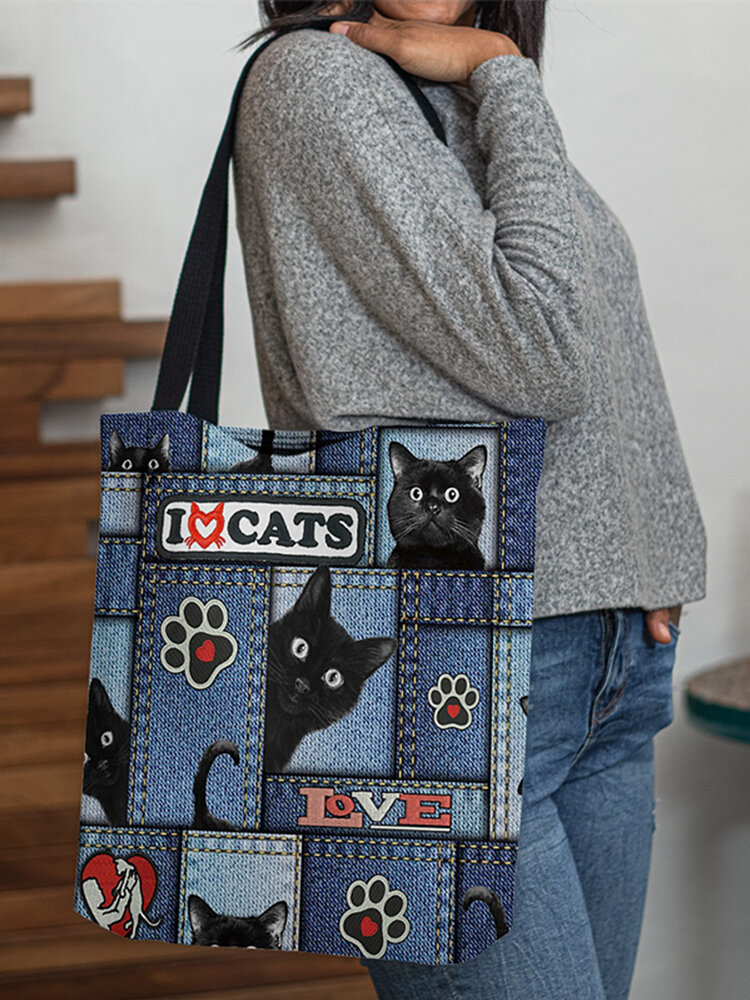 Women Felt Cat Pattern Printing Handbag Shoulder Bag Tote