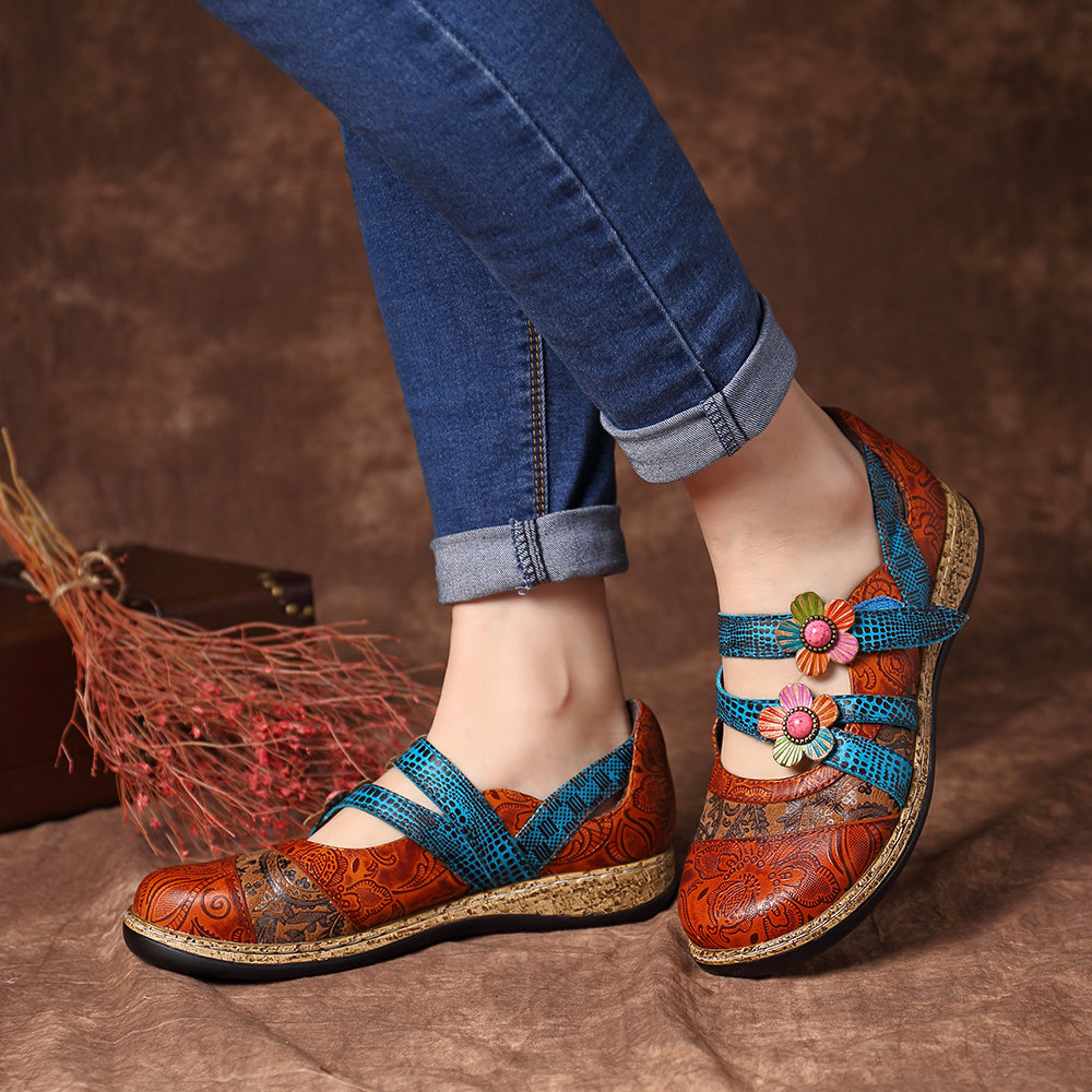 SOCOFY Vintage Floral Genuine Leather Splicing Colored Band Stitching Hook Loop Flat Shoes