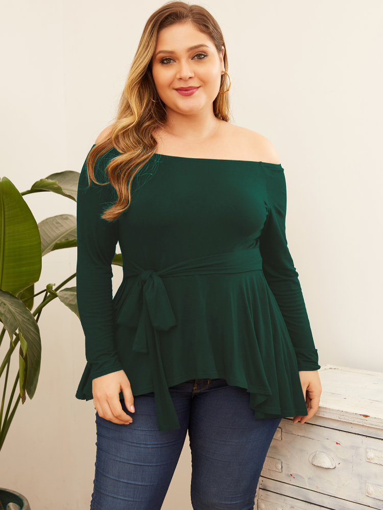 Asymmetrical Off Shoulder Long Sleeve Knotted Plus Size Blouse for Women