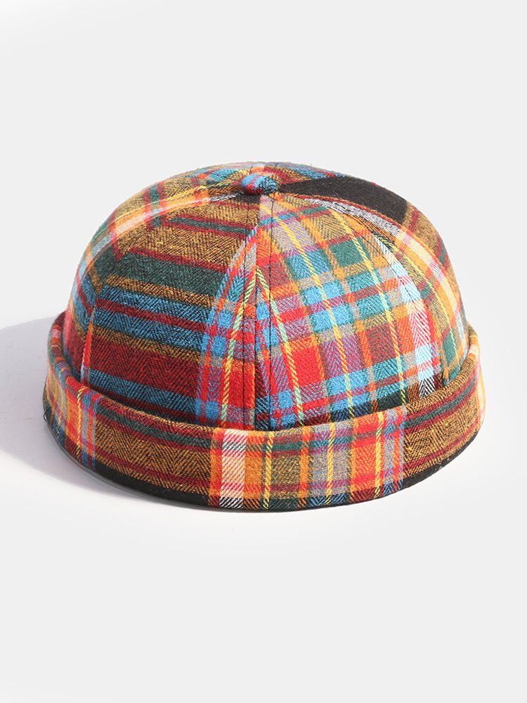 Collrown Men & Women Multicolor Contrast Color Patchwork Plaids Pattern Casual Brimless Beanie Landlord Hat Skull Hat