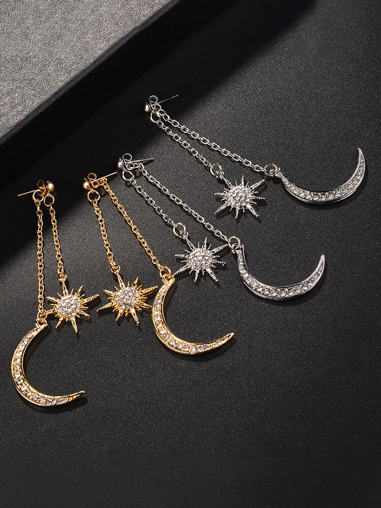 Bohemian Style Full Rhinestone Earrings Shiny Moon Star Long Earrings Drop For Women