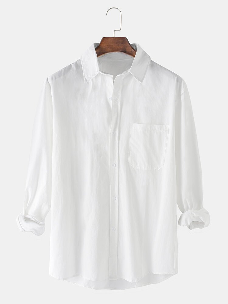 Mens Cotton Basic Plain Loose Casual Long Sleeve Shirts With Pocket