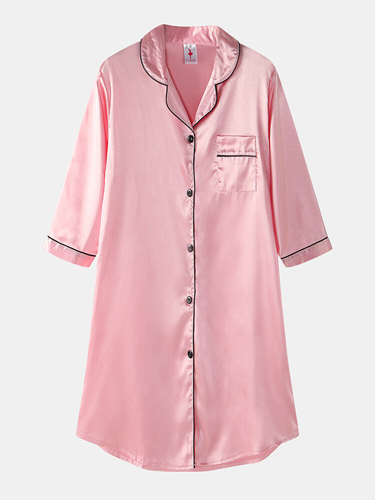 

Plus Size Women Ice Silk Chest Pocket 3/4 Sleeve Shirt Cozy Nightdress With Contrast Binding, Blue;champagne;red;pink