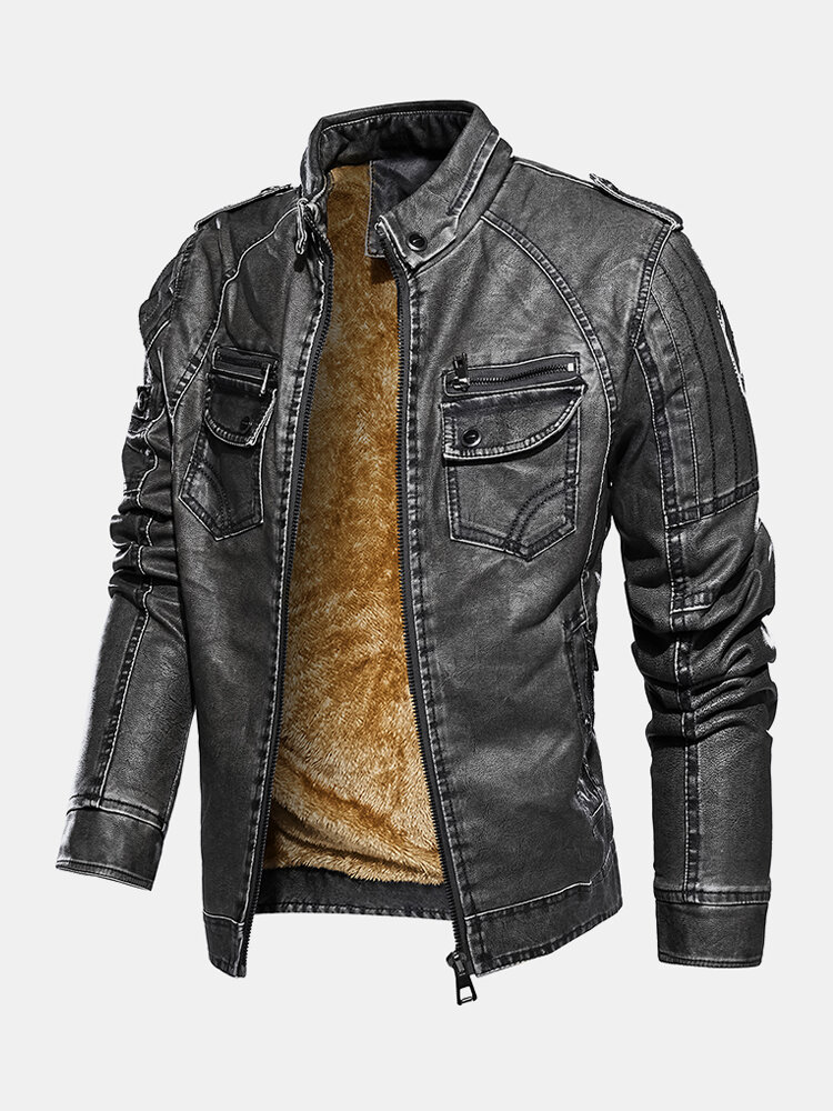 Mens Washed Leather PU Velvet Lined Double Pocket Zipper Up Thicken Jackets