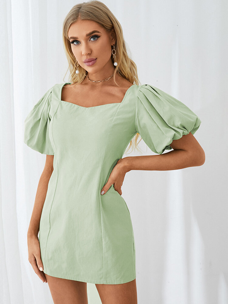 Solid Tie Back Puff Short Sleeve Square Collar Dress