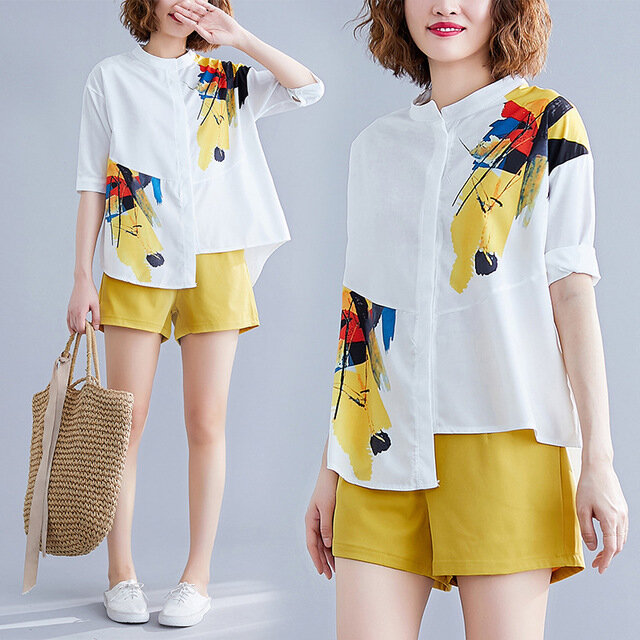 New Literary Plus Size Women's Chiffon Printing Short-sleeved Shirt + Shorts Two-piece Suit