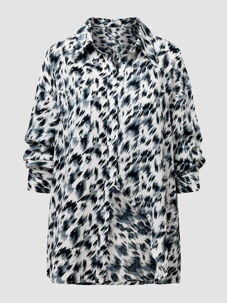 Plus Size Leopard Button Long Sleeve Shirt