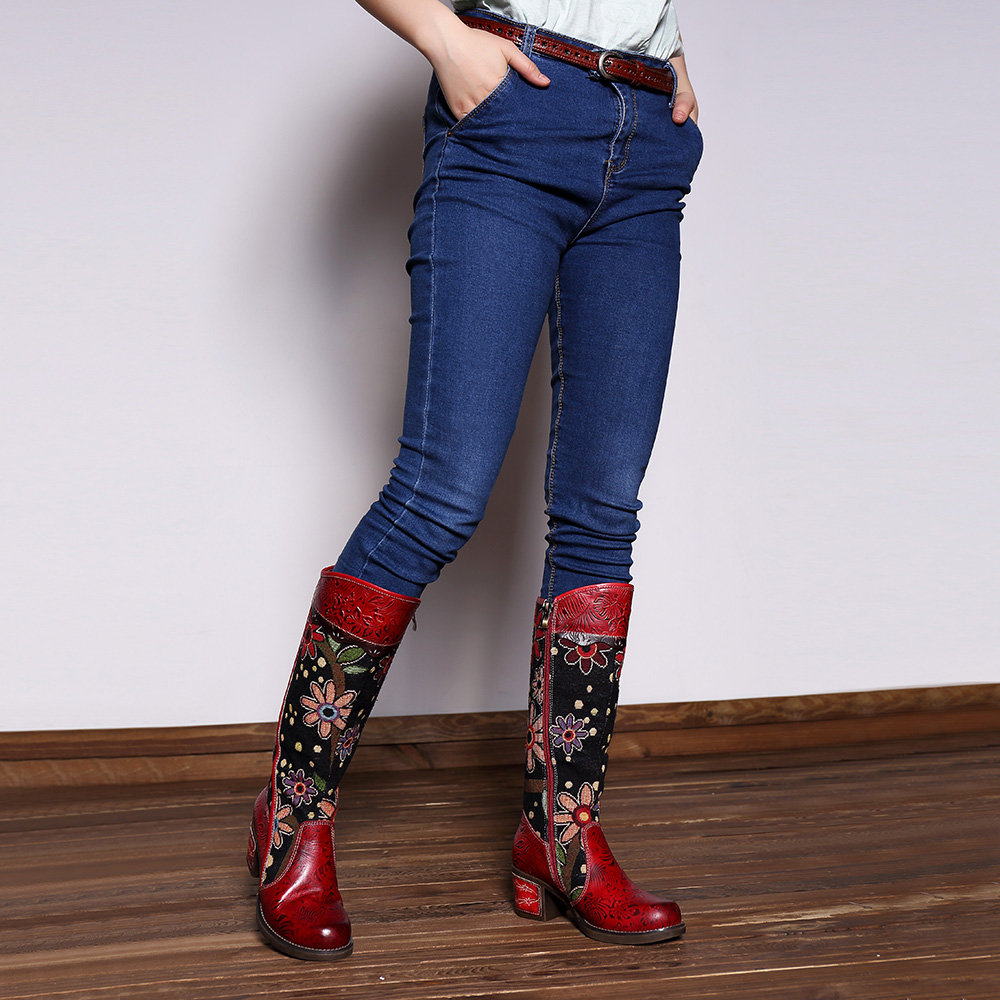SOCOFY Cowgirl Flower Pattern Genuine Leather Splicing Jacquard Comfortable Knee Boots
