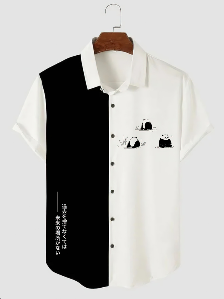 Mens Cartoon Panda Japanese Print Patchwork Lapel Short Sleeve Shirts