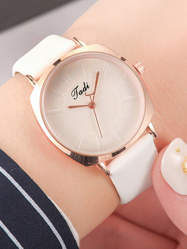 Simple Trendy Women Wristwatch Rose Gold Alloy Case Leather Band Quartz Watches