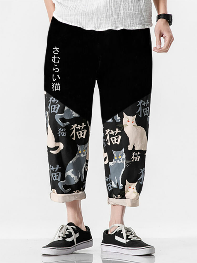 Mens Japanese Cat Print Patchwork 100%Cotton Loose Cropped Pants