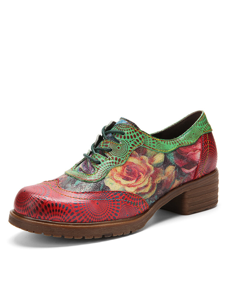 Socofy Genuine Leather Patchwork Retro Floral Colorblock Comfy Lace-up Low Heel Oxfords Shoes
