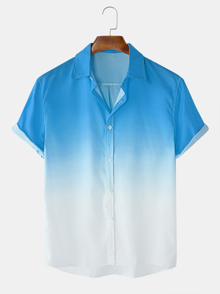 Mens Gradient Casual Short Sleeve Turn-down Collar Shirt