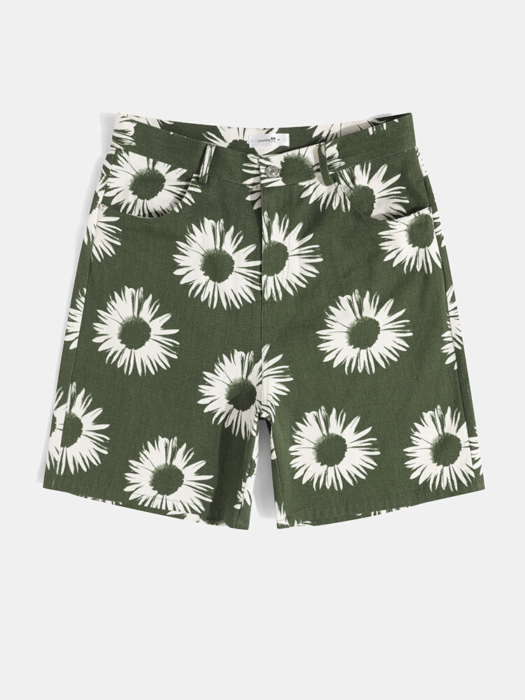 Mens Sunflower Print Holiday Cotton Mid Length Denim Shorts