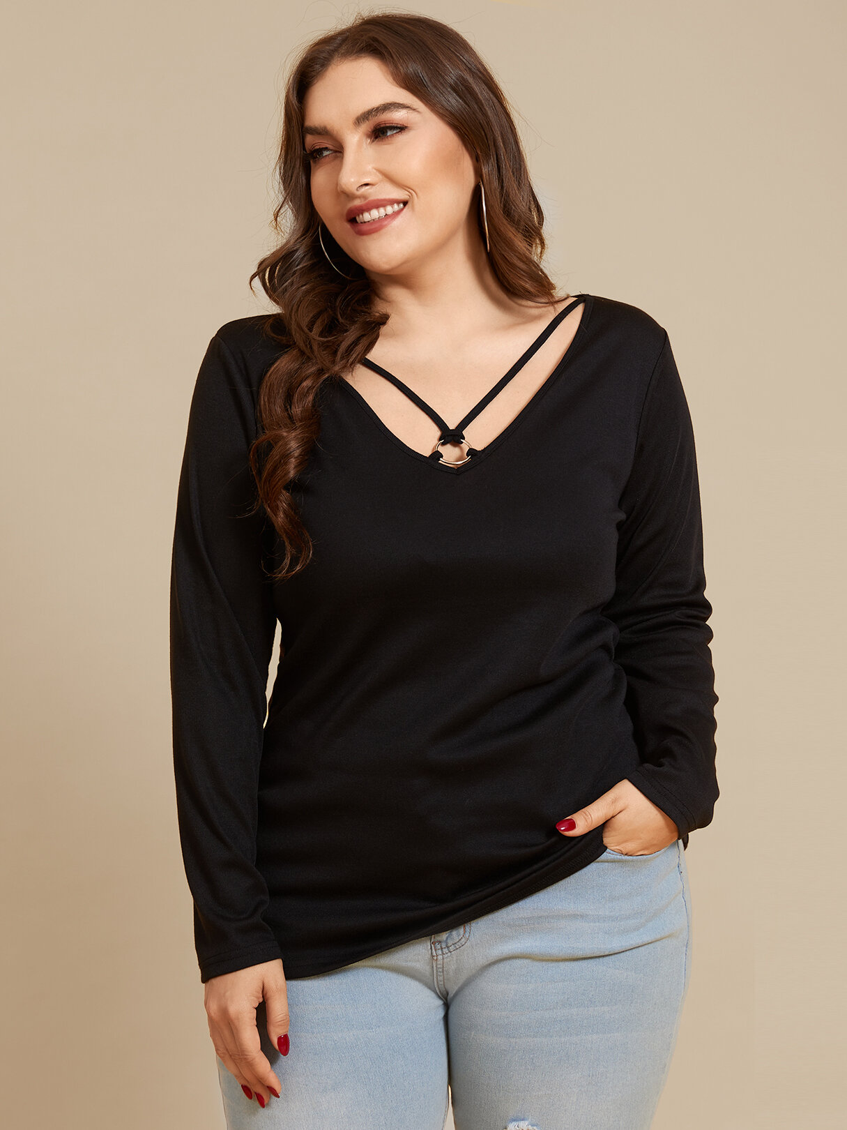 Plus Size Round Neck Criss-Cross Long Sleeves Tee