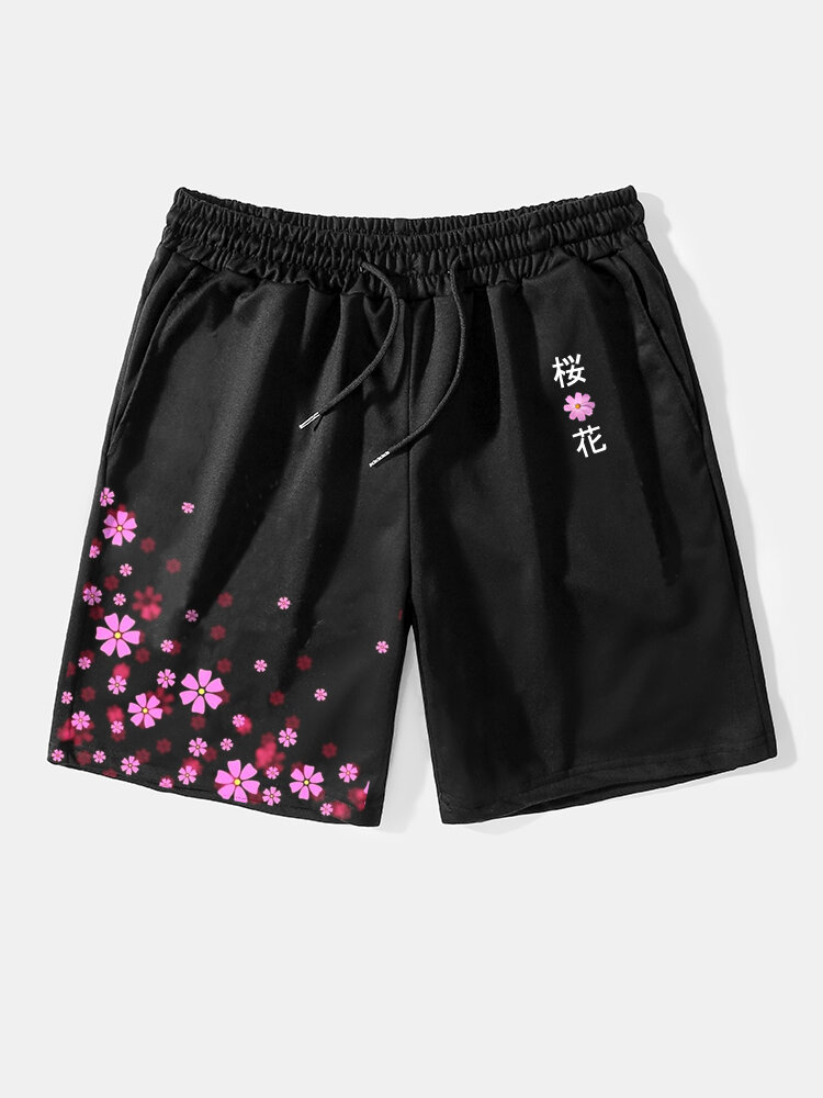 Mens Cherry Blossoms Character Printed Street Drawstring Shorts