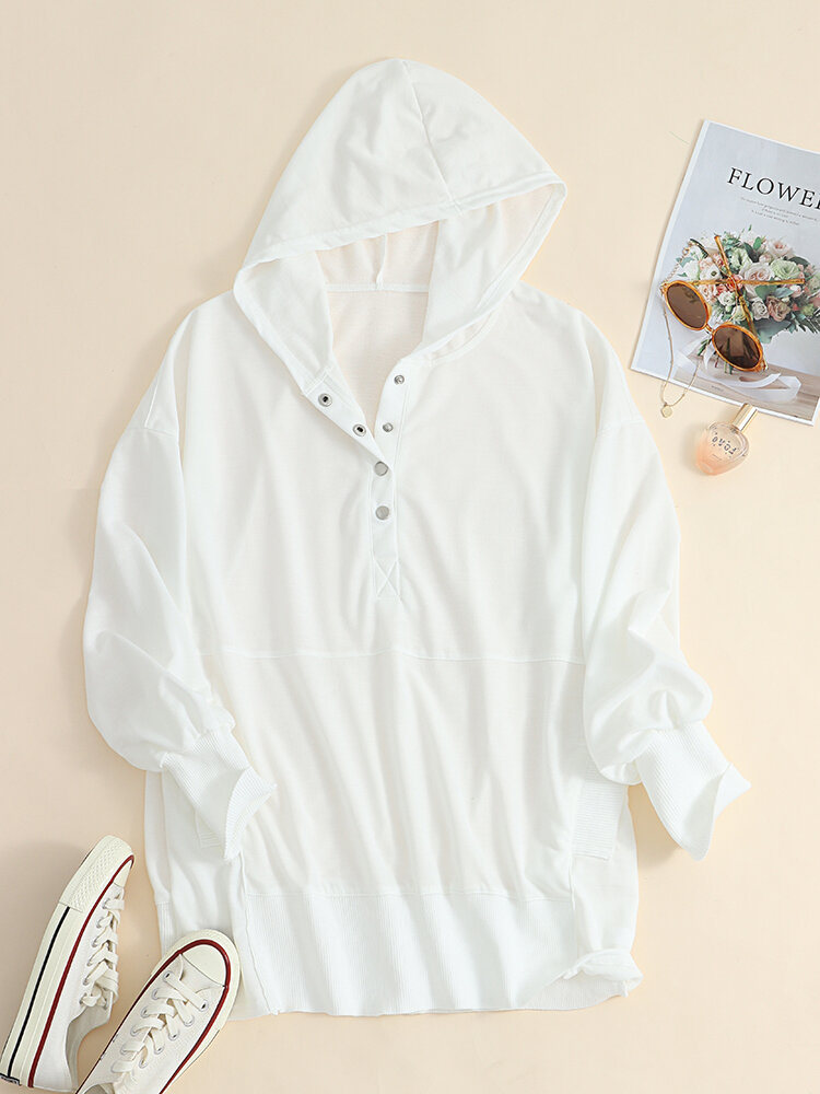 Solid Color Long Sleeve Button Loose Pocket Women Hoodie