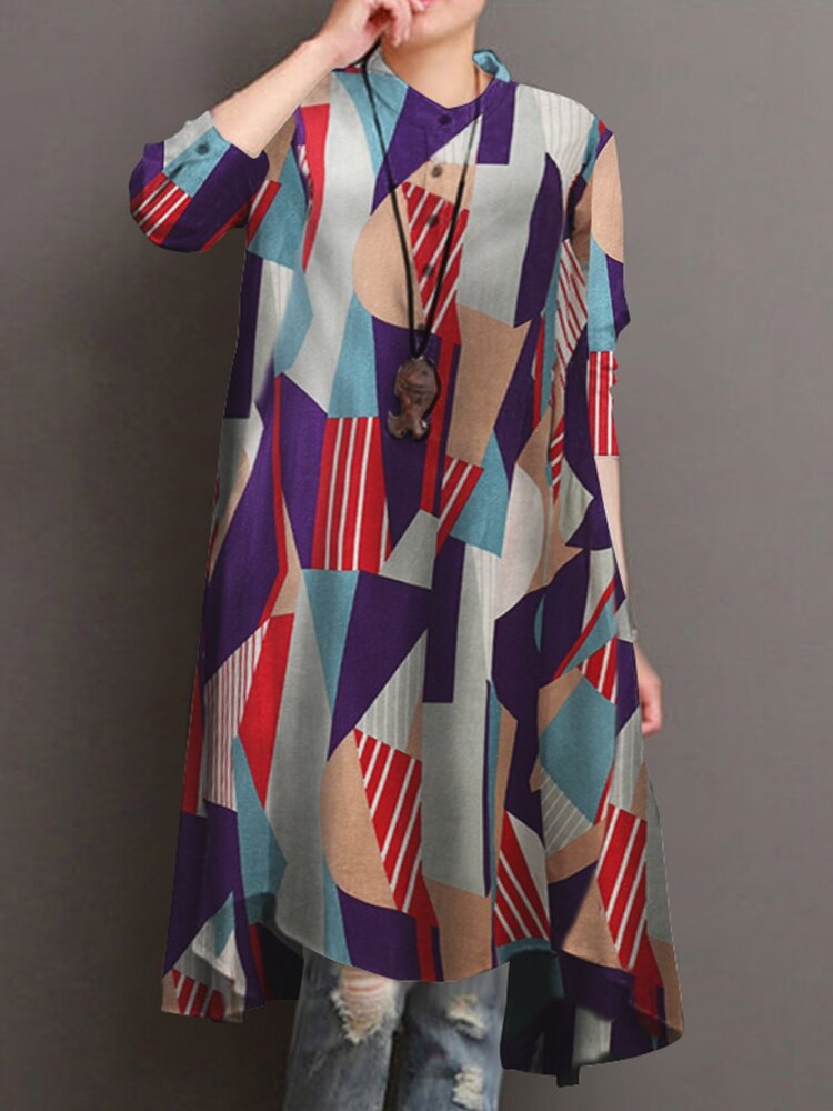 Contrast Color Geometric Print Stand Collar Shirt For Women